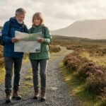 Couple walking in Scottish Highlands mist