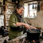 Scottish woman cooking in rustic Highland kitchen