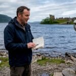 Tour guide beside Loch Ness with castle in background