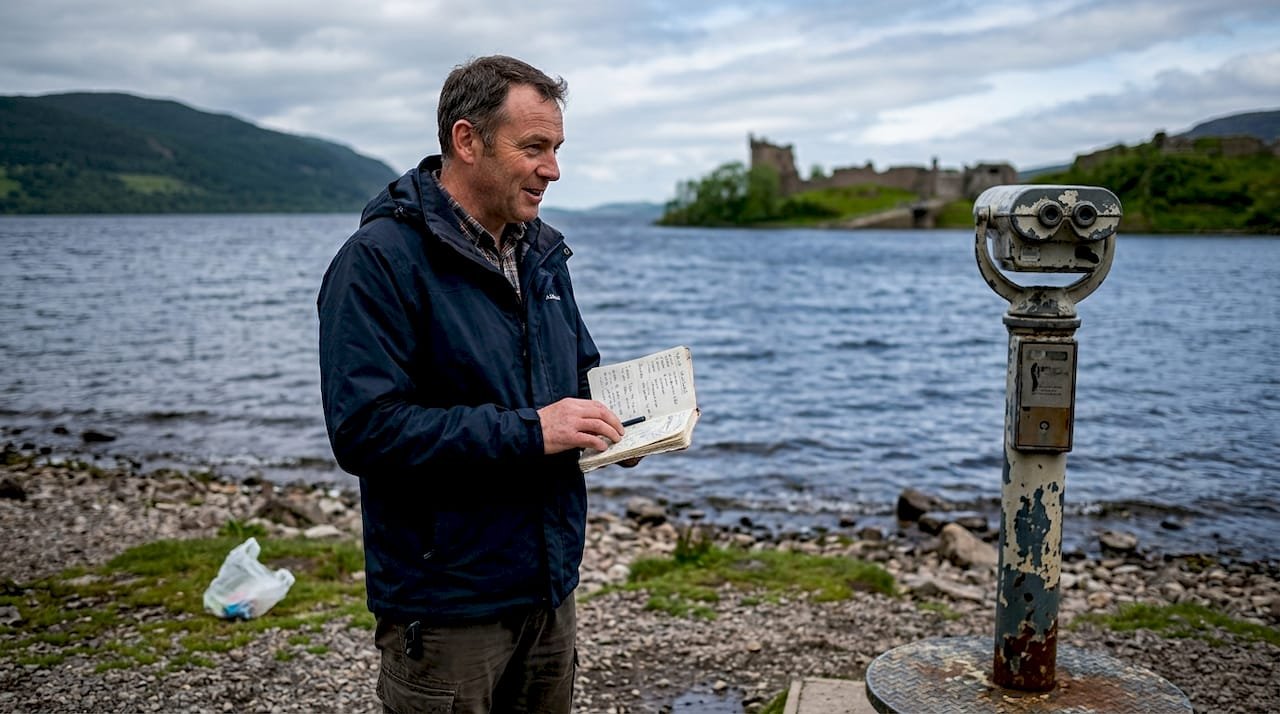 Tour guide beside Loch Ness with castle in background