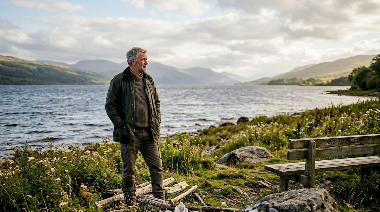 Man stands quietly by Loch Lomond shore