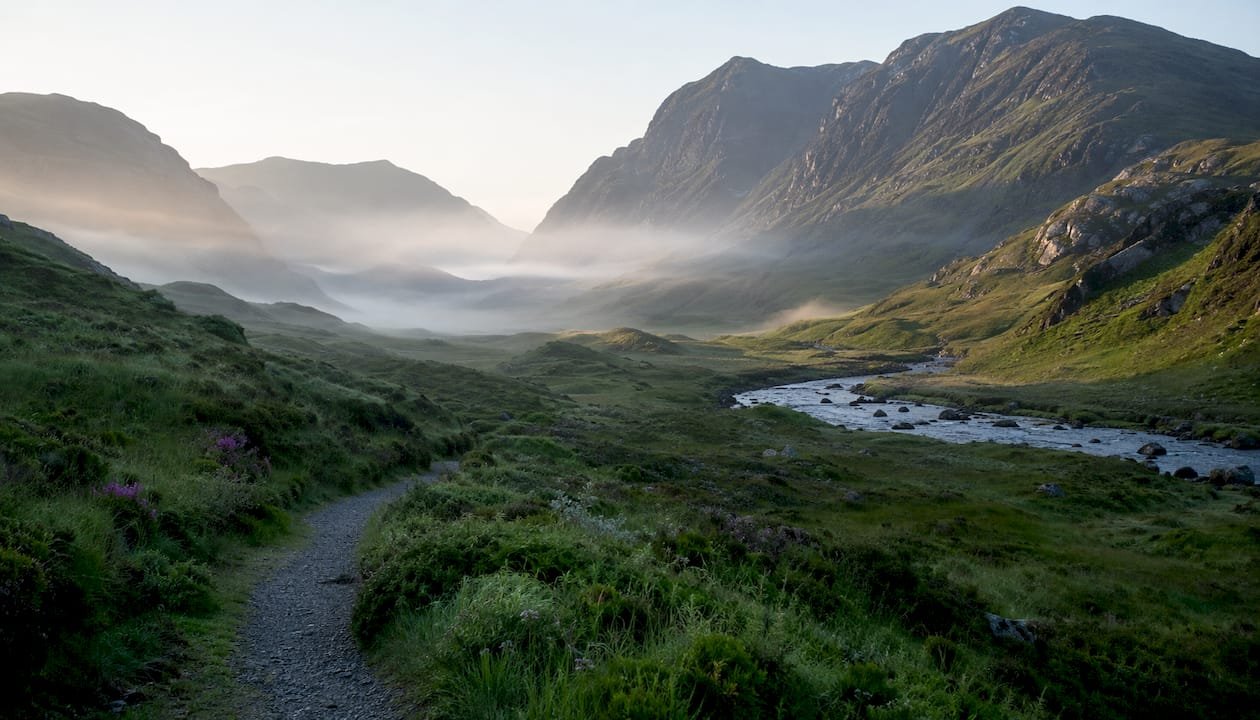 Winding road through Glen Etive valley