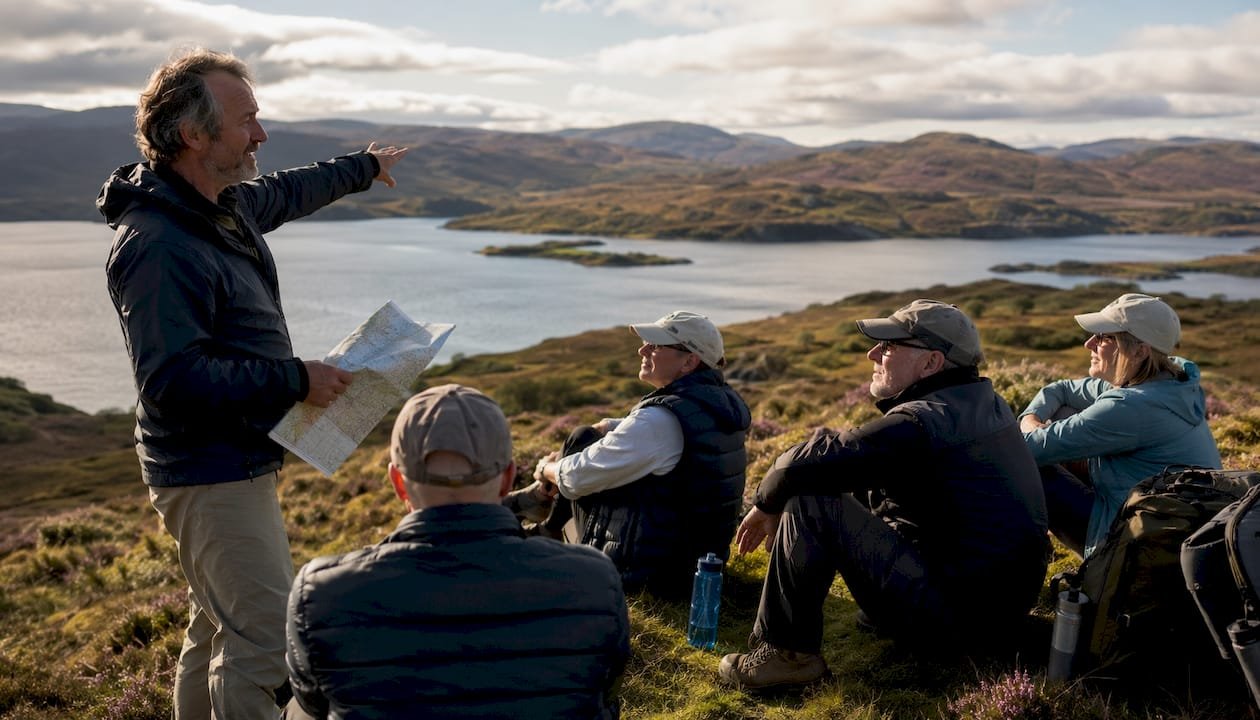 Tour guide briefing group on Highland loch shore