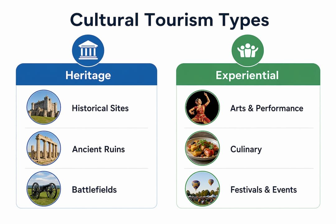 Infographic showing types of cultural tourism in two categories