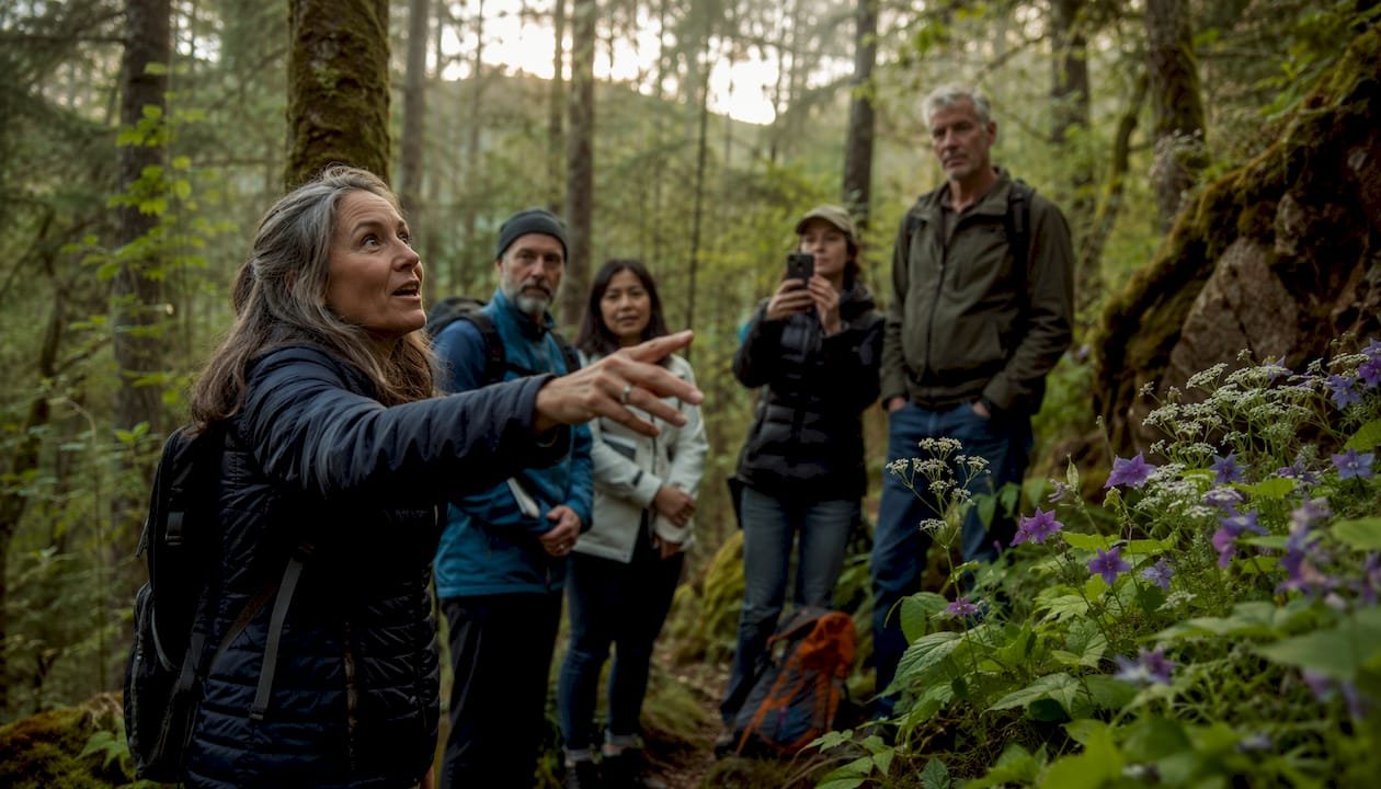 Tour guide pointing out Highland scenery
