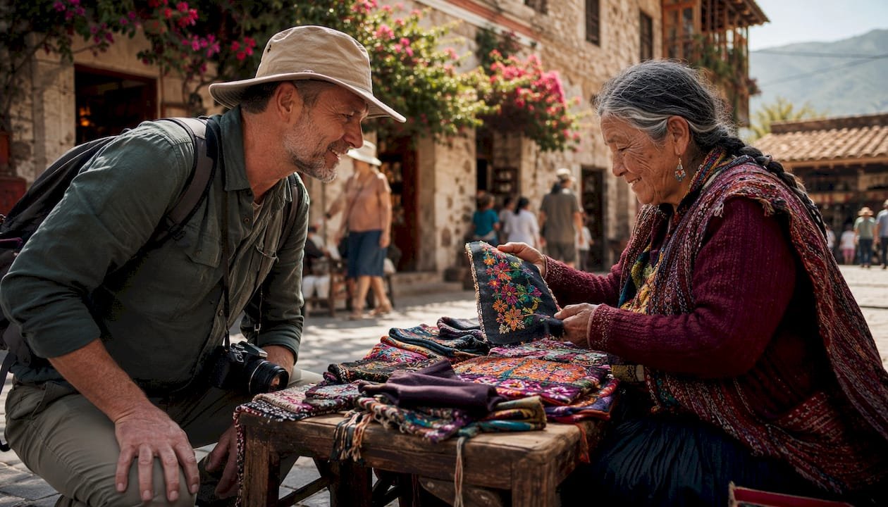 Tourist learning traditional crafts outdoors