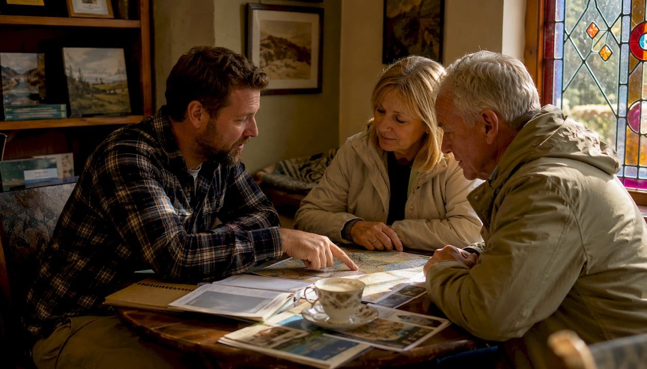 Consultation between tour guide and travelers