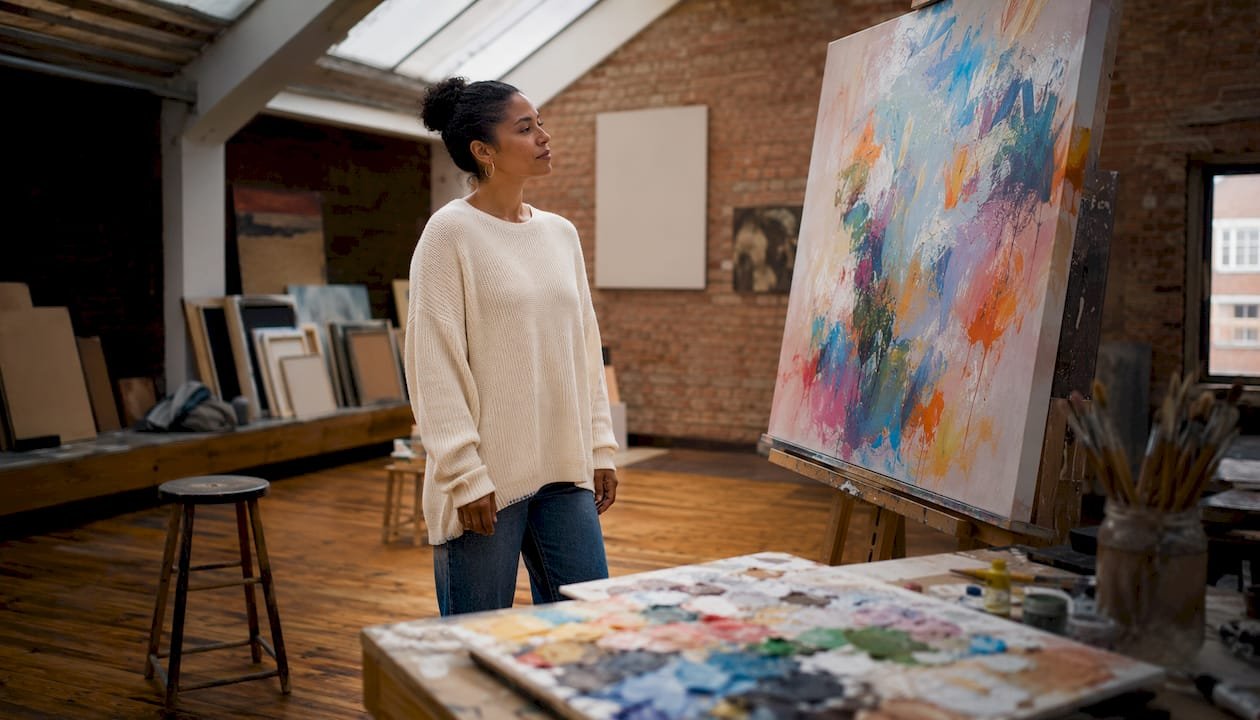 Woman viewing painting in art gallery