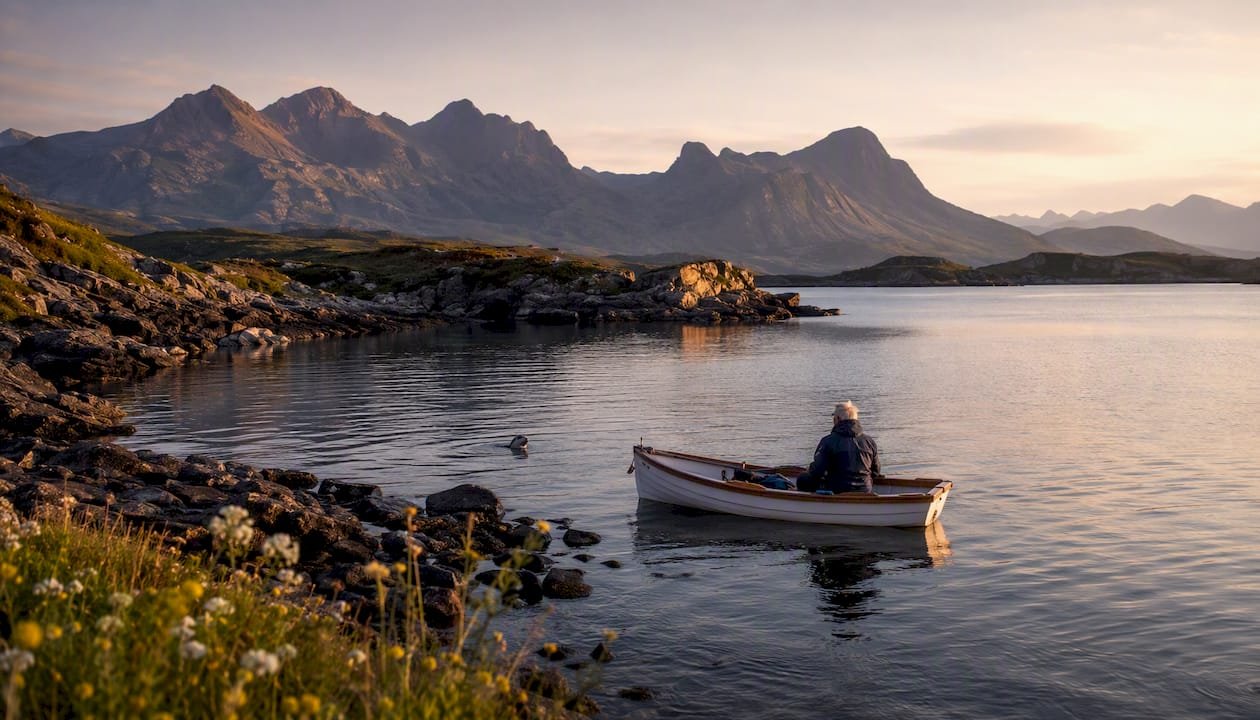 Boat approaching a sea loch with mountains
