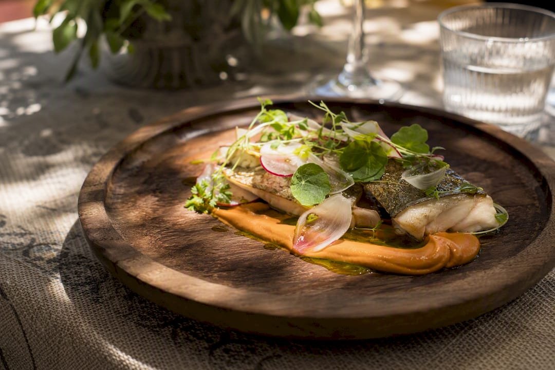 Plated seafood dish in castle dining setting
