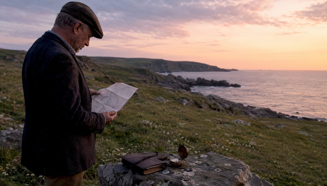 Historian studying Jacobite battlefield map outdoors