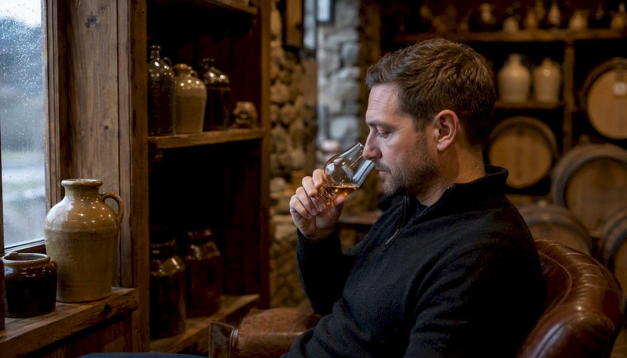 Visitor pouring whisky sample at distillery bar