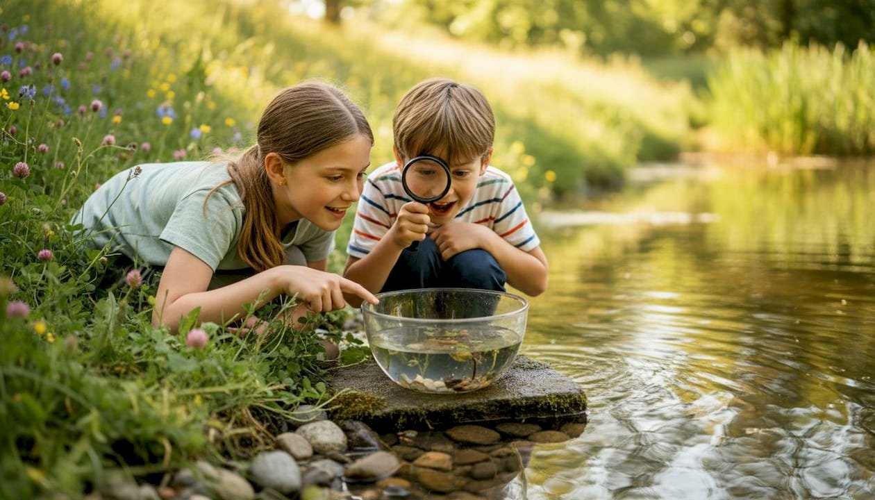 Kids exploring pond life with magnifying glass