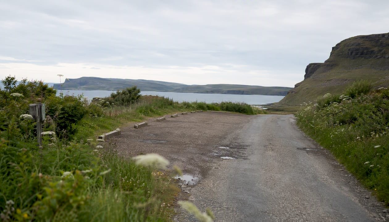 Single-track road and parking area near Talisker Bay trailhead