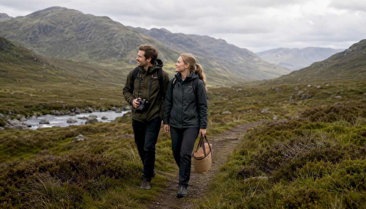 Couple walking outdoors on private Highland tour