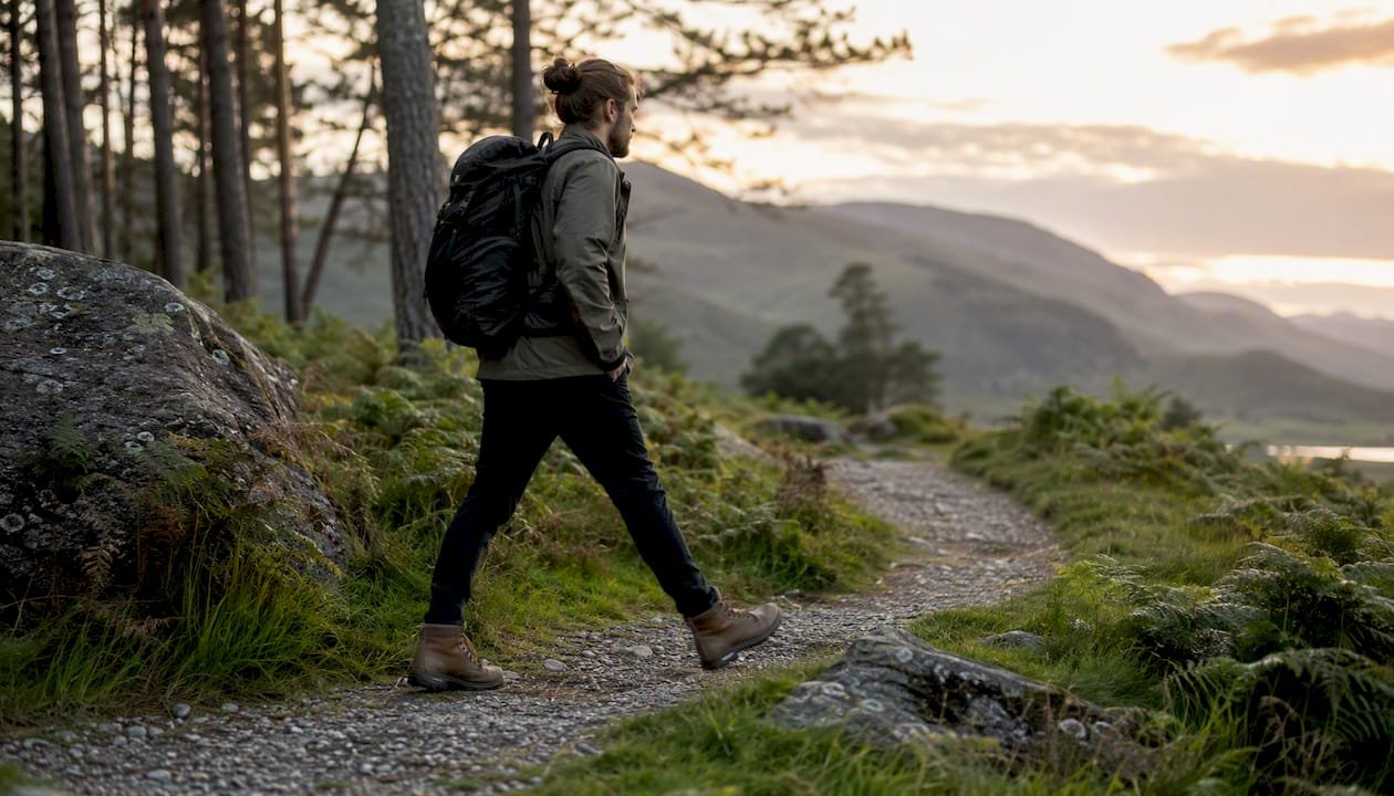 Visitor walking quickly on path to Glenfinnan Viaduct
