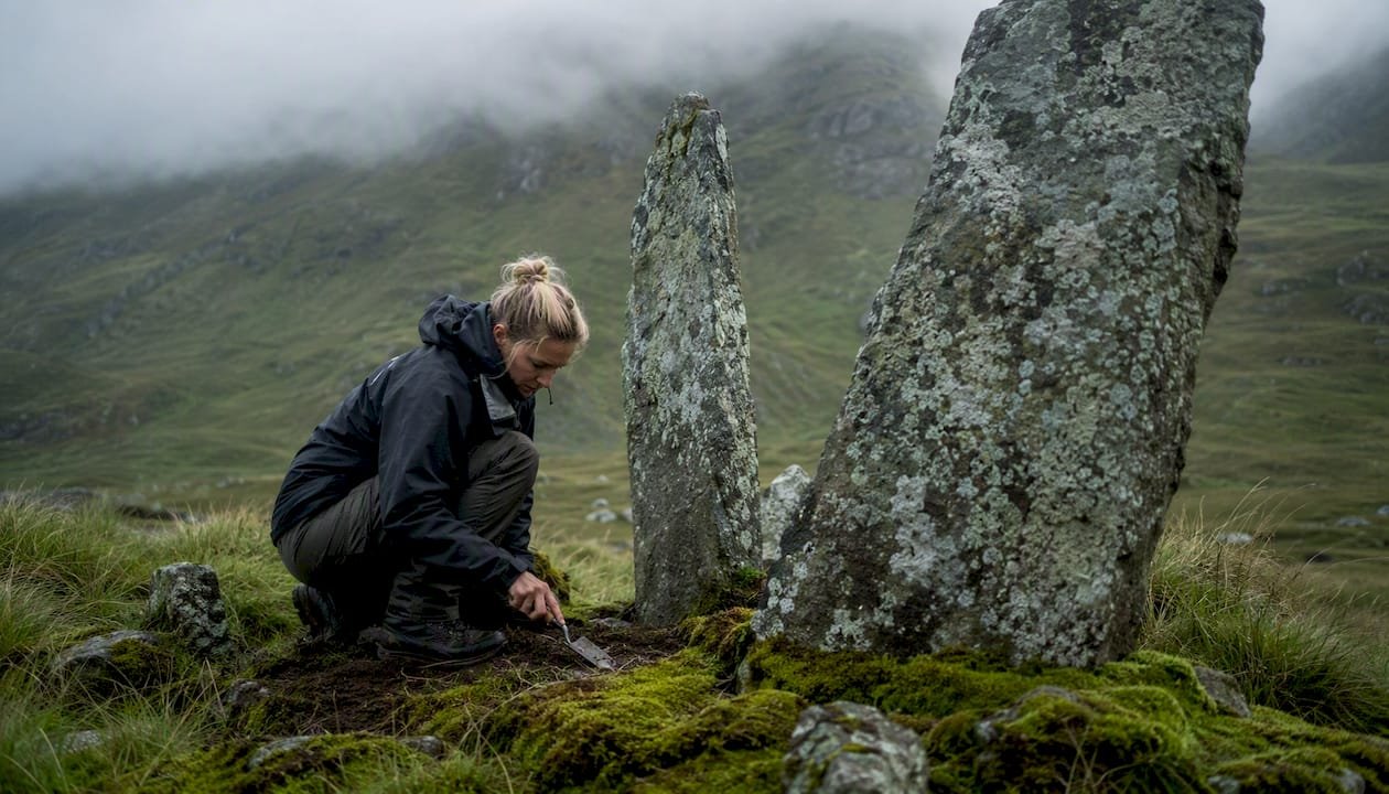 Archaeologist surveying stones in Highland ridge