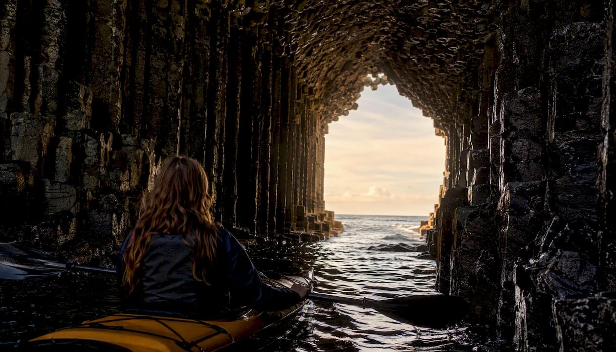 Kayaker paddling inside basalt sea cave