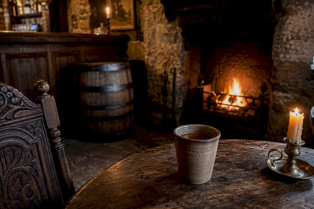 Historic inn interior with low beams and bar