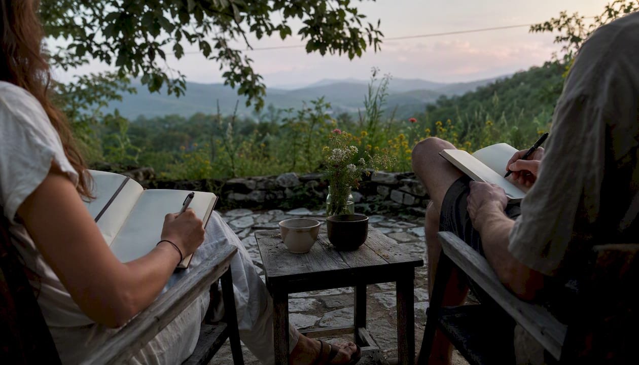 Couple writing in travel journal post-trip