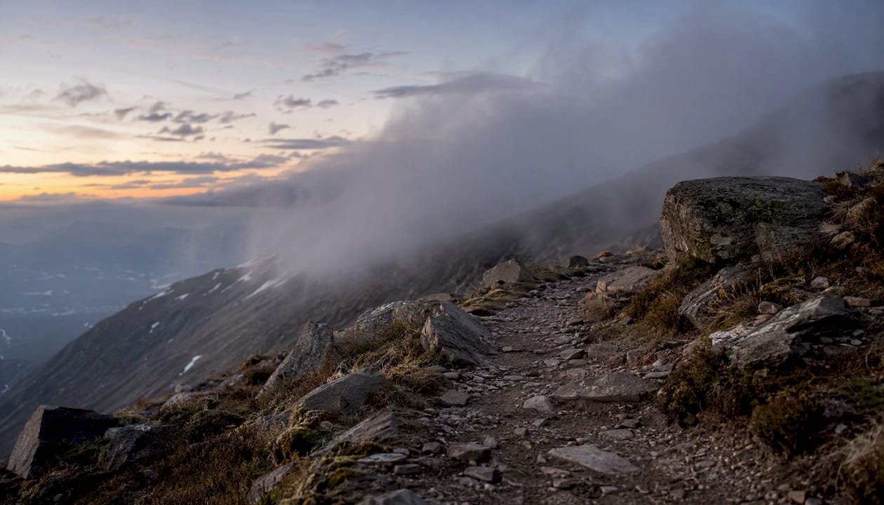 Rocky mountain path with mist in Coire na Creiche
