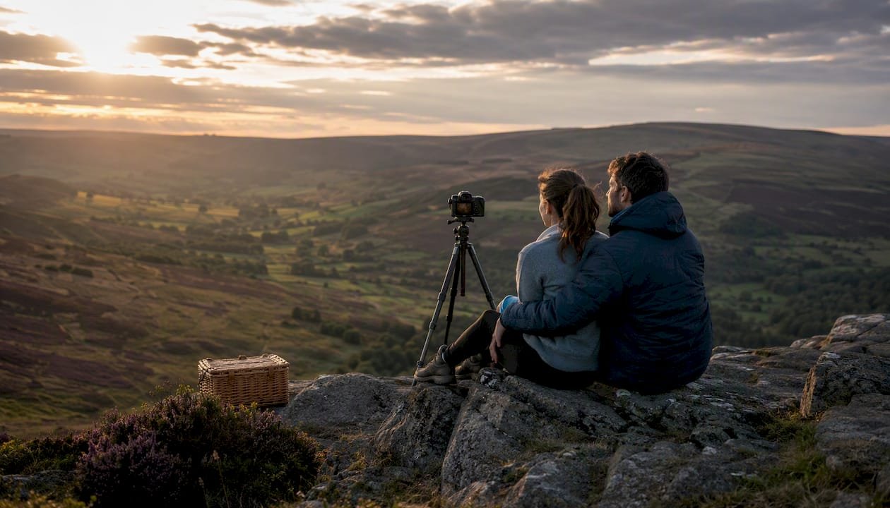 Couple taking annual ritual photo outdoors