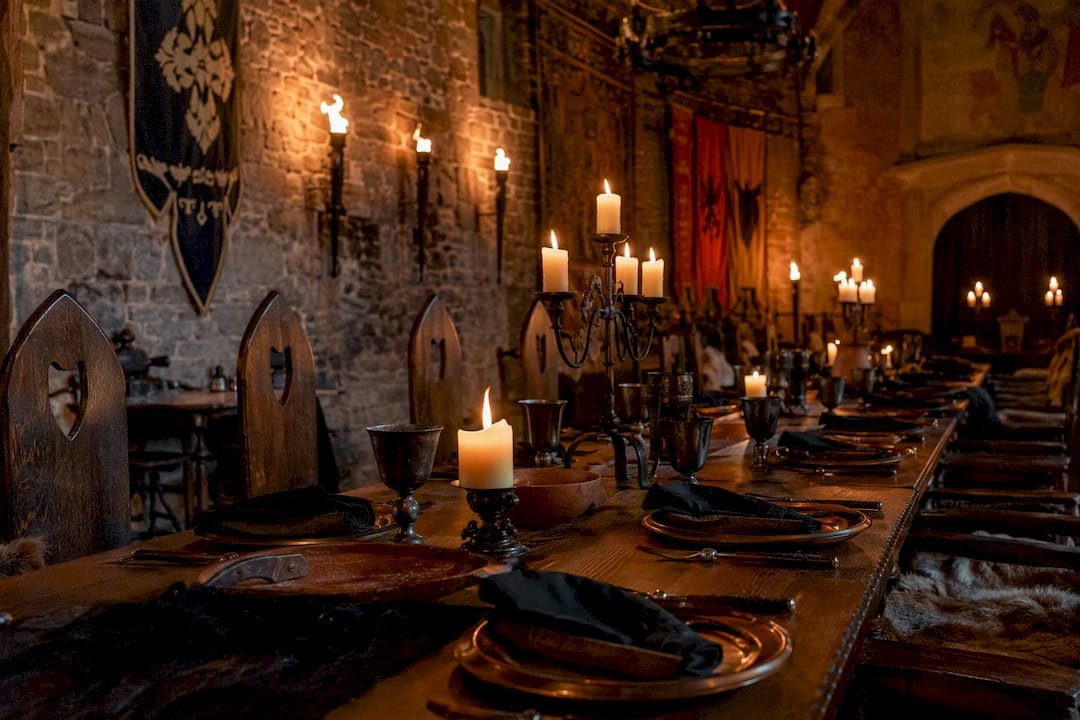 Table set for themed dining in castle hall