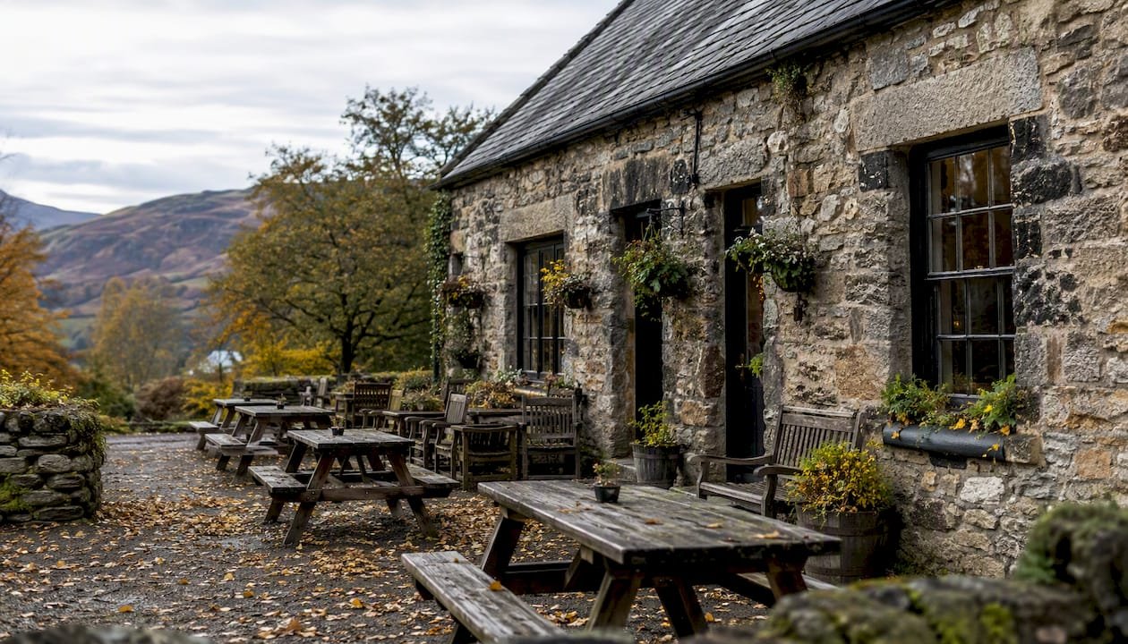 Historic stone inn exterior with outdoor seating