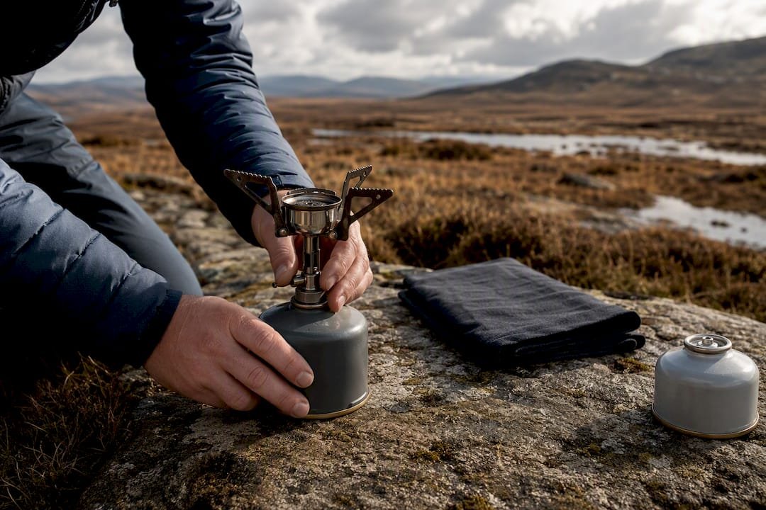 Camping stove placed beside Highland peat