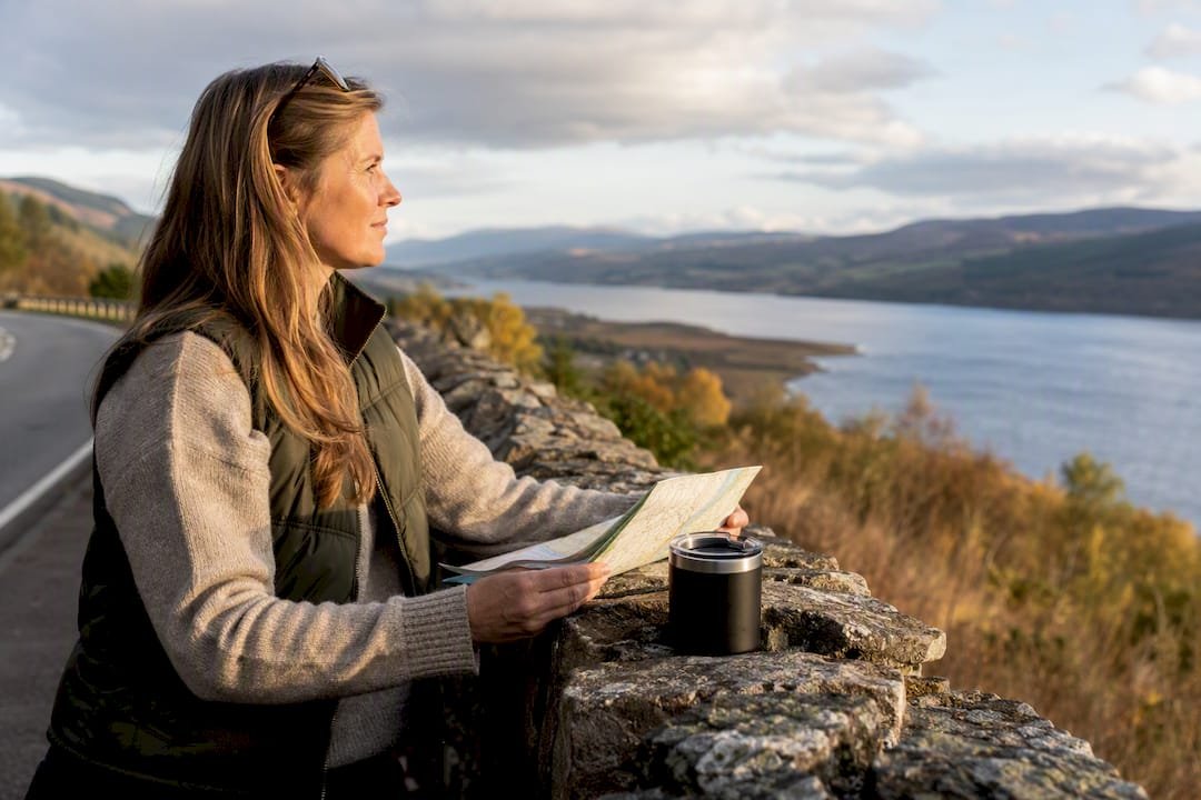 Roadside pull-in overlooking a Scottish firth