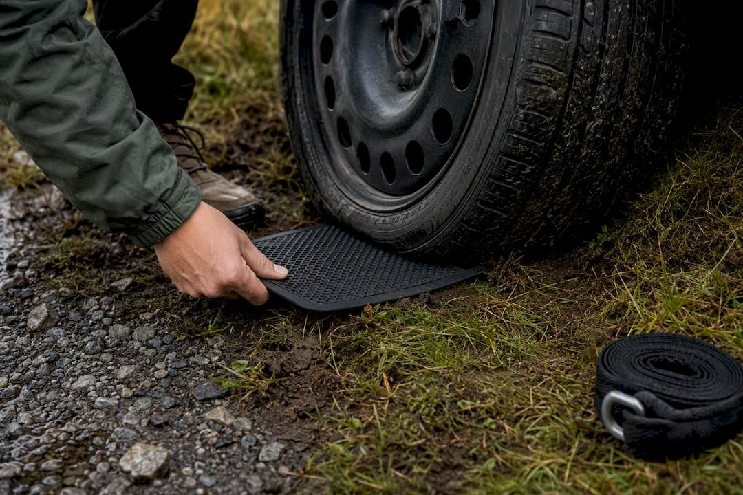 Floor mat placed beneath tyre on soft verge