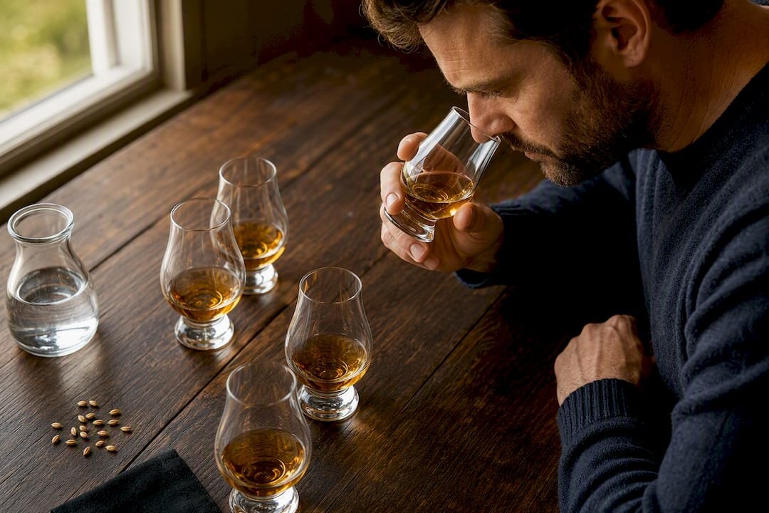 Whisky tasting glasses arranged for comparison