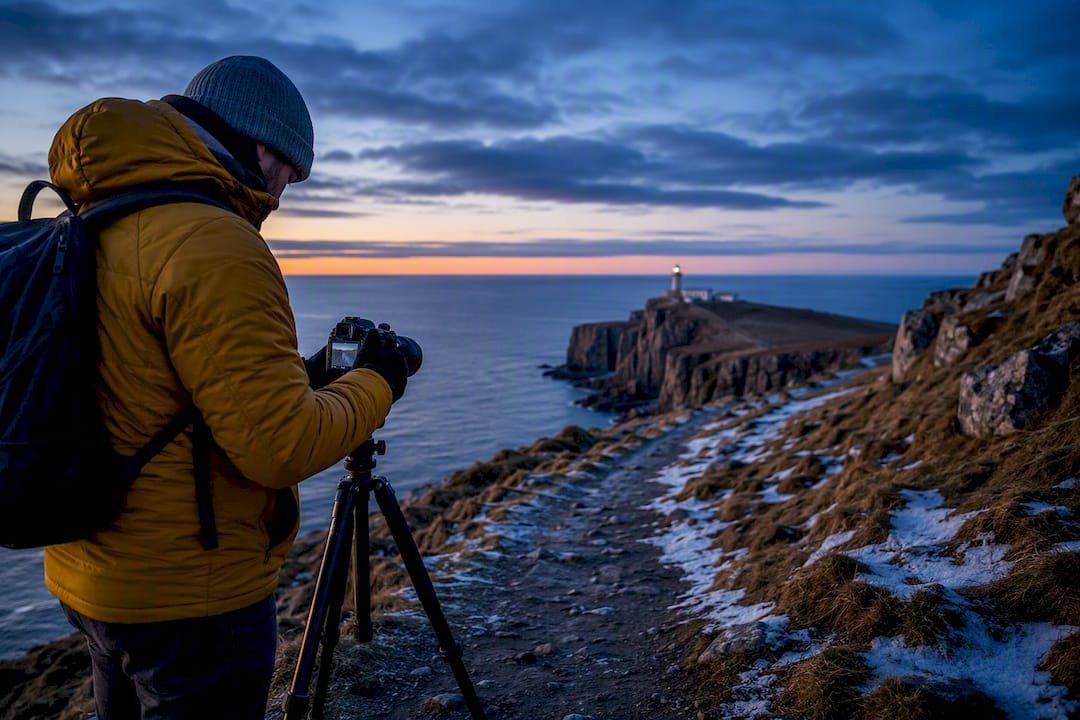 Photographer capturing Neist Point at blue hour