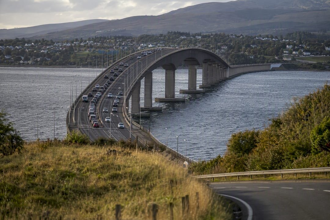 Traffic crossing Kessock Bridge toward Chanonry