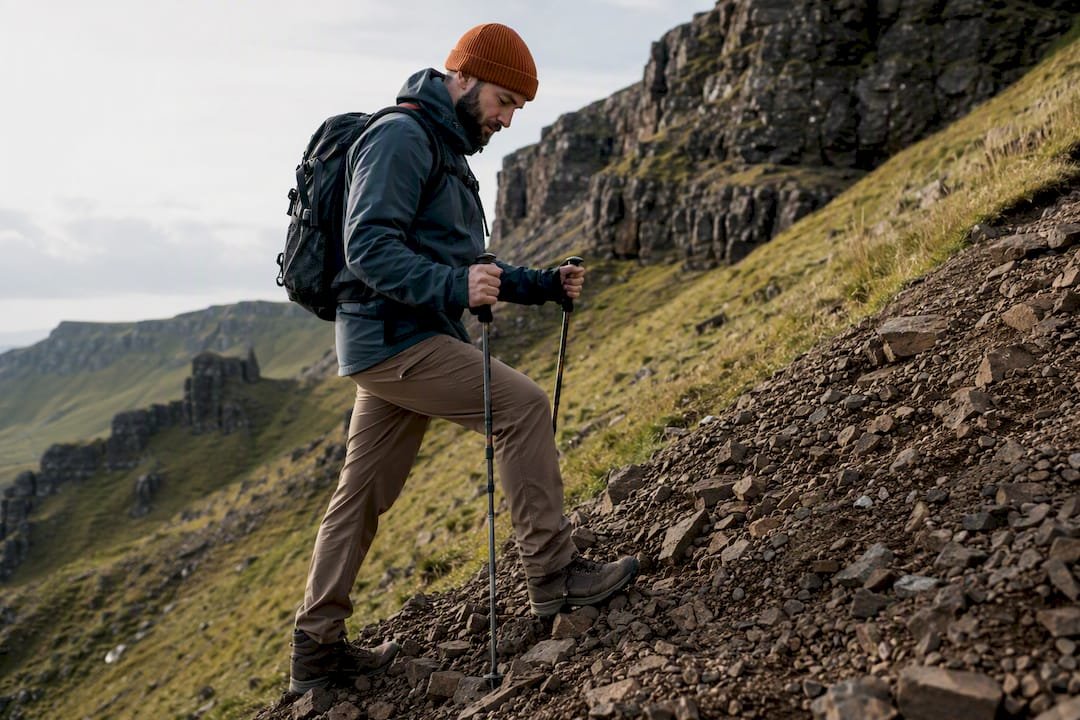 Hiker stepping across Quiraing scree